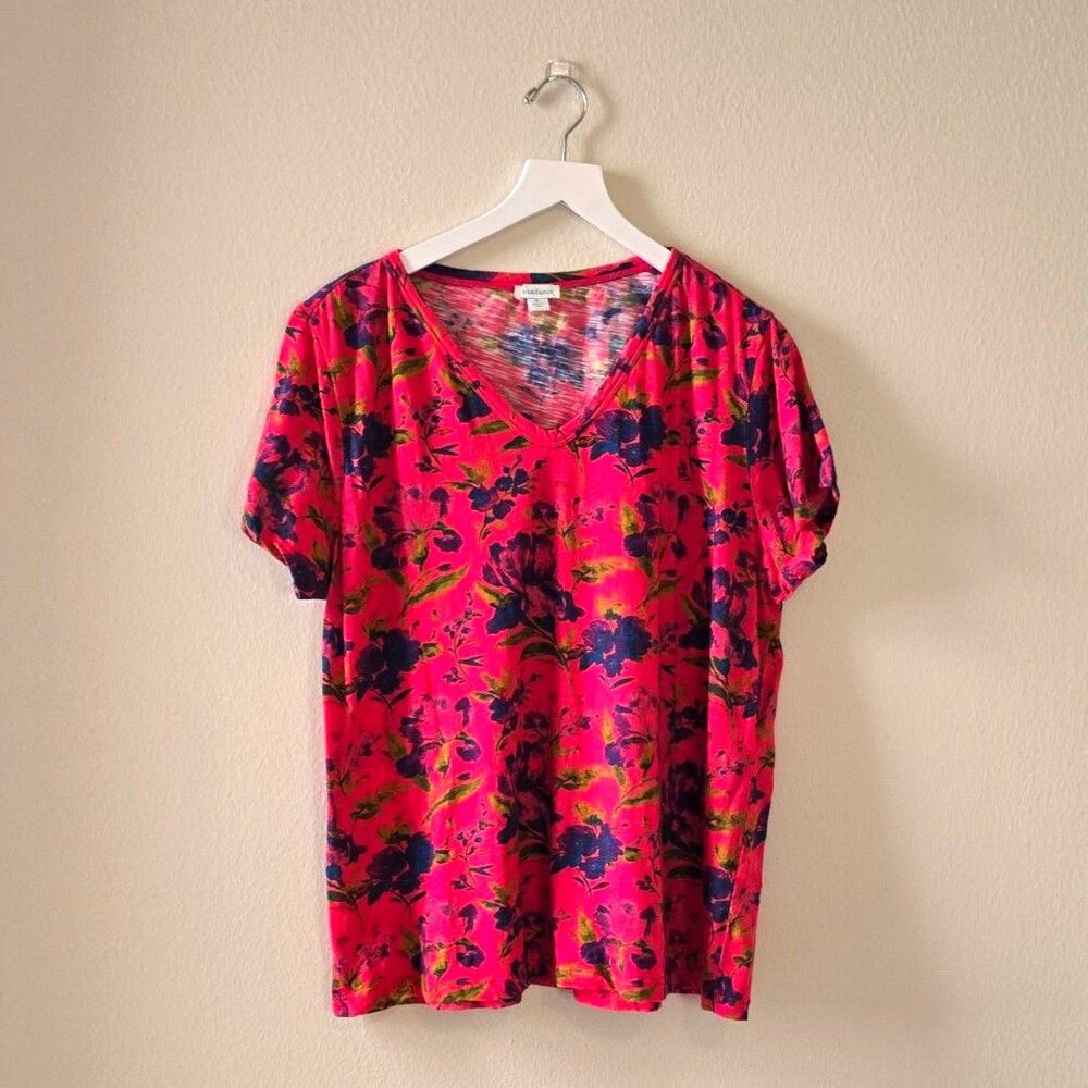 SUNDANCE Floral V‑Neck Short Sleeve Blouse Pink Multicolor Print XL